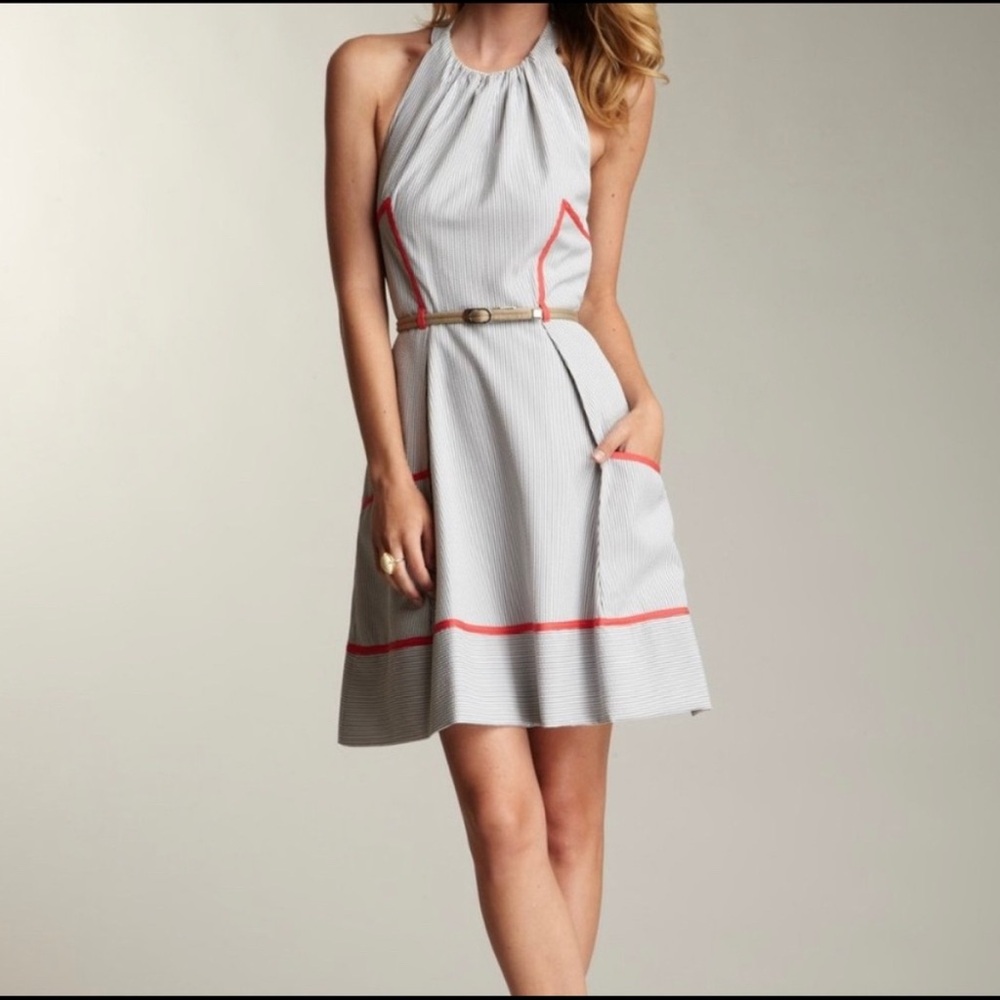 Jessica Simpson Seersucker Halter Dress, Striped White and Blue, Size 10